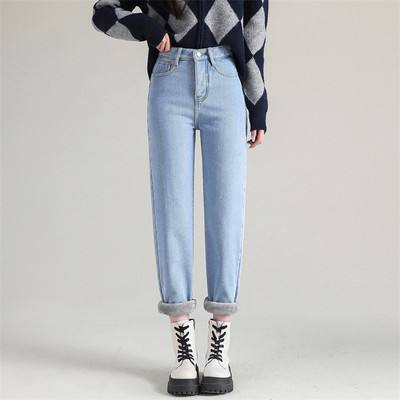 Γυναικείο Thermal Harem Jeans Ζεστό βελούδινο ψηλόμεσο Stretch Vintage μπλε τζιν χειμώνα χιόνι Streetwear ίσιο παντελόνι κορίτσι παντελόνι