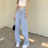 Ψηλόμεση Γυναικεία Lace Up Jeans Κορεάτικη Νέα μόδα Casual All Match ανοιχτό μπλε ζώνη Streetwear Γυναικείο φαρδύ τζιν παντελόνι