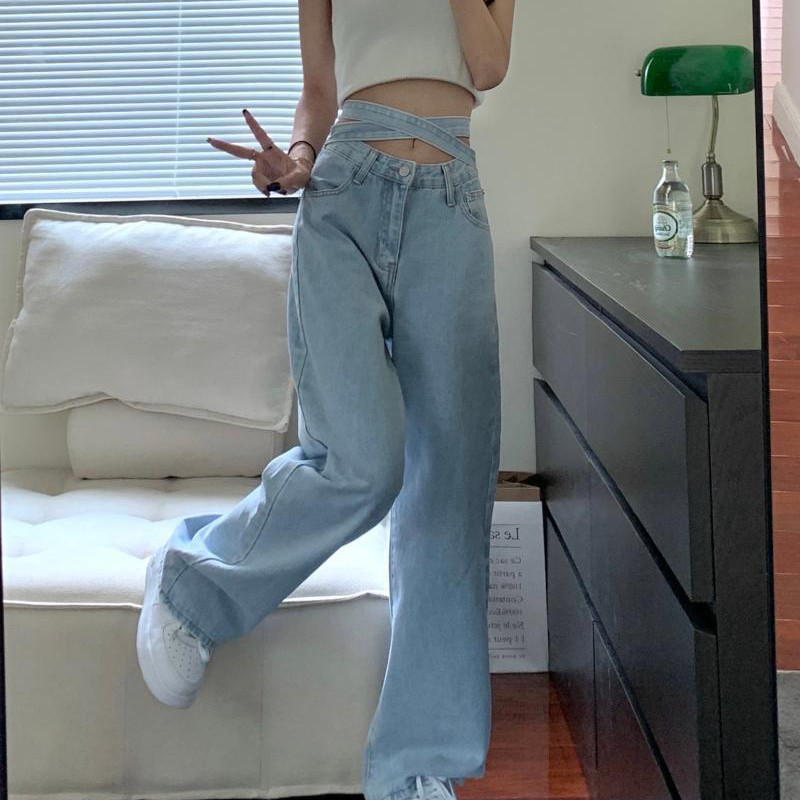 Ψηλόμεση Γυναικεία Lace Up Jeans Κορεάτικη Νέα μόδα Casual All Match ανοιχτό μπλε ζώνη Streetwear Γυναικείο φαρδύ τζιν παντελόνι