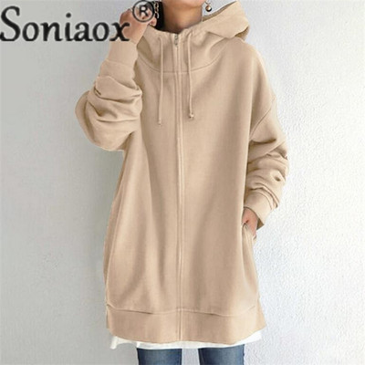 Sügistalvine soe kapuutsiga dressipluus naiste pikkade varrukatega tõmblukuga kardigan kapuuts Naiste taskuga ülerõivad vabaaja trendi tänavarõivad