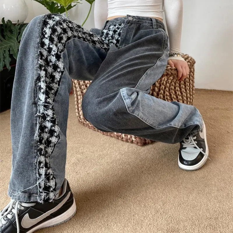 Harajuku Patchwork Γυναικεία τζιν Ανοιξιάτικα Κορεάτικα Streetwear Παντελόνια Φαρδιά Μόδα Φαρδιά Γυναικεία τζιν ίσιο παντελόνι Νέο