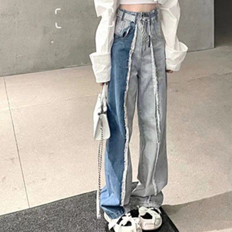 Kõrge vöökohaga naiste teksad Patchwork Naiste vabad laiad püksid Ameerika retro vöö vabaaja teksapüksid suvepüksid Uus