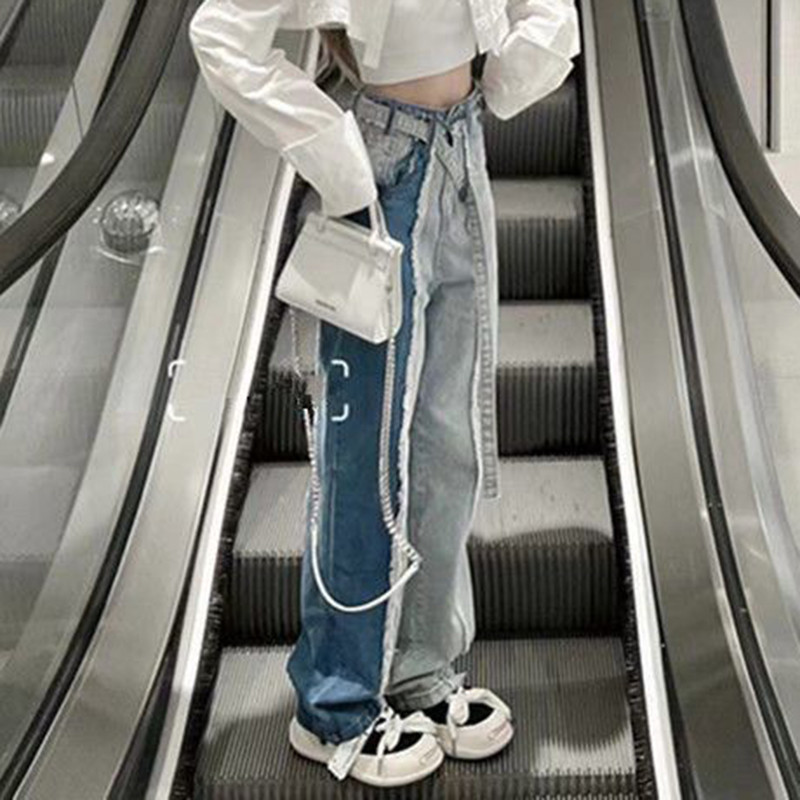 Kõrge vöökohaga naiste teksad Patchwork Naiste vabad laiad püksid Ameerika retro vöö vabaaja teksapüksid suvepüksid Uus