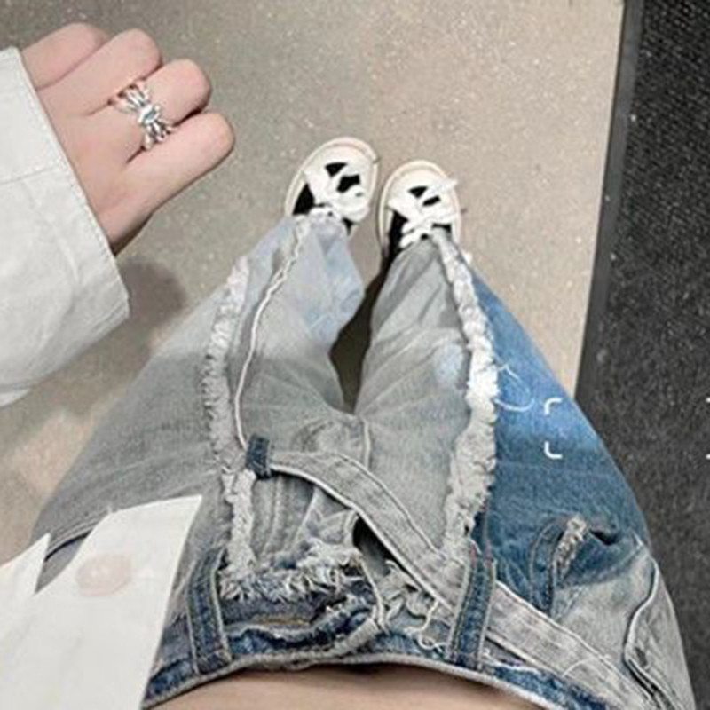 Kõrge vöökohaga naiste teksad Patchwork Naiste vabad laiad püksid Ameerika retro vöö vabaaja teksapüksid suvepüksid Uus