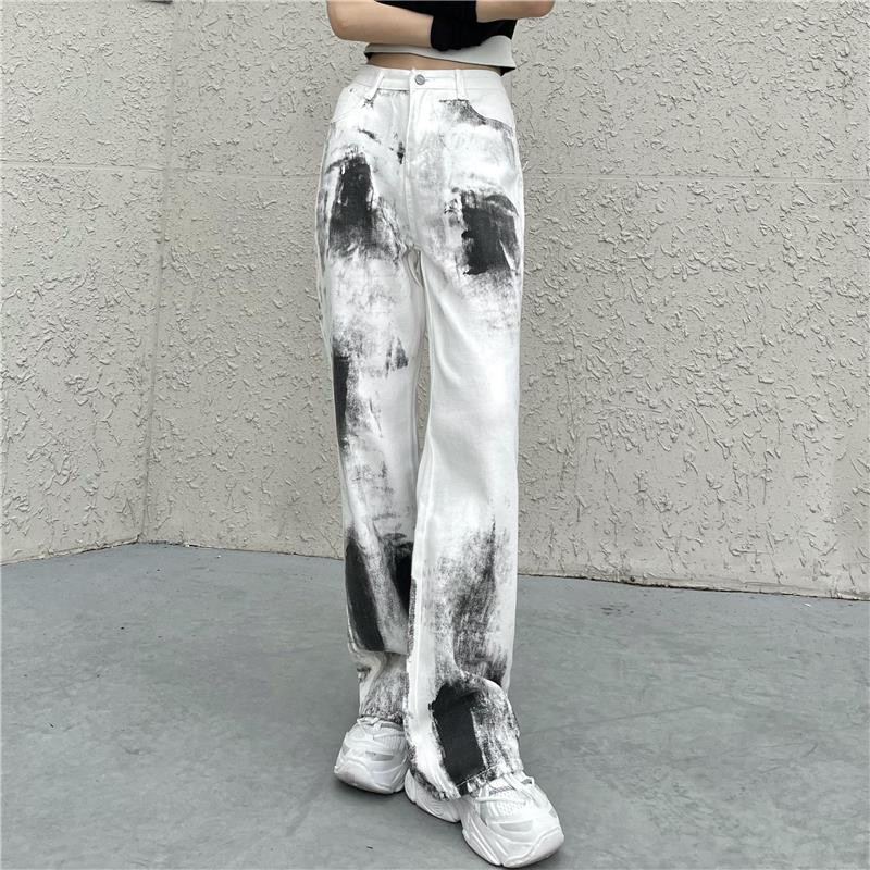 Hippie Patchwork traper traperice Luksuzne ženske hlače s ravnim trendom Vintage s visokim strukom Tie Dye Korejske široke modne printane novo