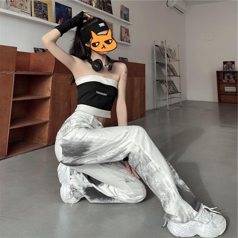 Hippie Patchwork traper traperice Luksuzne ženske hlače s ravnim trendom Vintage s visokim strukom Tie Dye Korejske široke modne printane novo