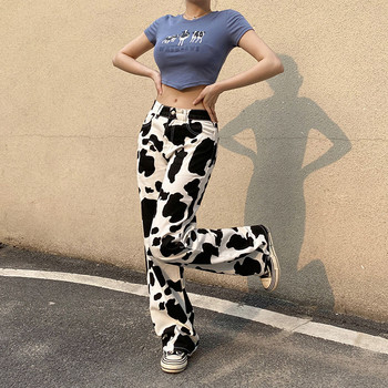 Unua amo 2023 Vintage Cow Printed Baggy Jeans Γυναικείο ίσιο παντελόνι Γυναικείο Streetwear Wild Cargo τζιν παντελόνι