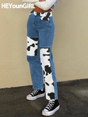 HEYounGIRL Patchwork Cow Print Jeans Γυναικεία casual ψηλόμεσο παντελόνι Capris Harajuku 90s Μαύρο μακρύ παντελόνι Ladies Street