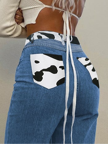 HEYounGIRL Patchwork Cow Print Jeans Γυναικεία casual ψηλόμεσο παντελόνι Capris Harajuku 90s Μαύρο μακρύ παντελόνι Ladies Street