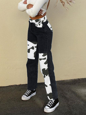 HEYounGIRL Patchwork Cow Print Jeans Γυναικεία casual ψηλόμεσο παντελόνι Capris Harajuku 90s Μαύρο μακρύ παντελόνι Ladies Street