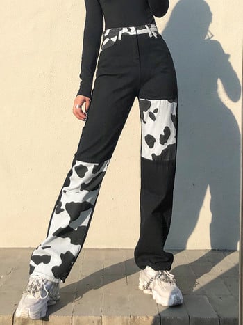 HEYounGIRL Patchwork Cow Print Jeans Γυναικεία casual ψηλόμεσο παντελόνι Capris Harajuku 90s Μαύρο μακρύ παντελόνι Ladies Street