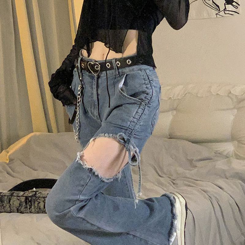 Γυναικεία ψηλόμεση τζιν Καλοκαιρινό κούφιο επίδεσμο παντελόνι κορεάτικο Streetwear Λεπτό γυναικείο τζιν παντελόνι Νέο