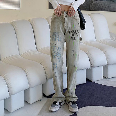 Gooti tähed Tikandid Teksad Tänavarõivad Lipsuvärv Naiste lahtised laiad püksid Harajuku mood Naiste sirged teksapüksid