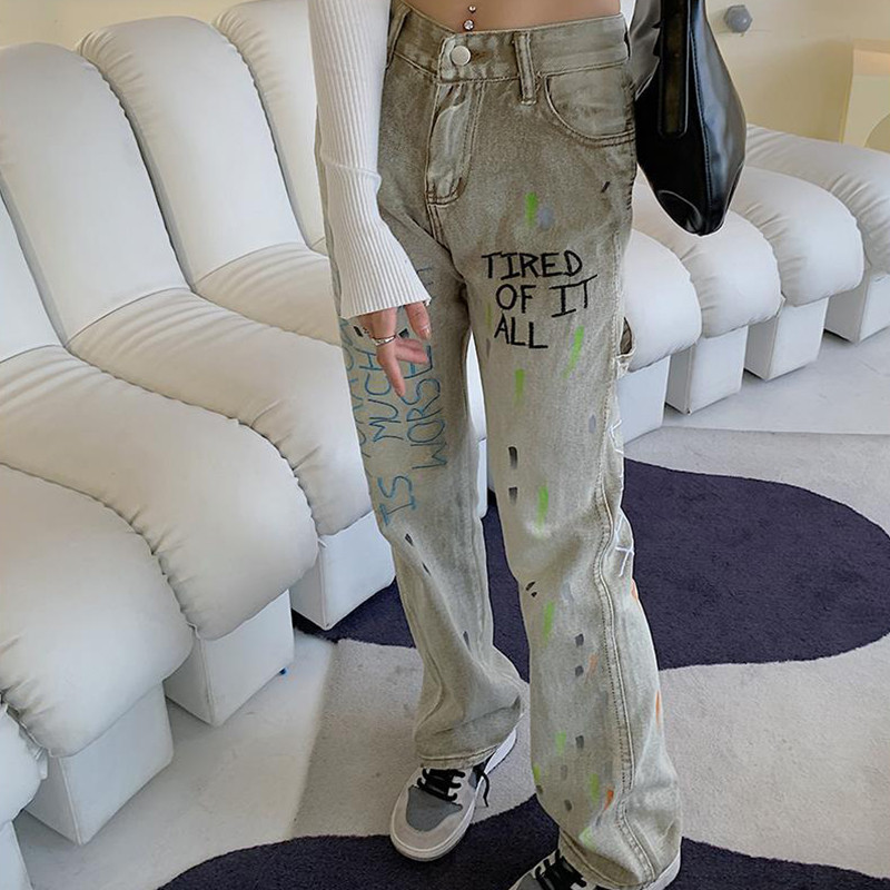 Gooti tähed Tikandid Teksad Tänavarõivad Lipsuvärv Naiste lahtised laiad püksid Harajuku mood Naiste sirged teksapüksid