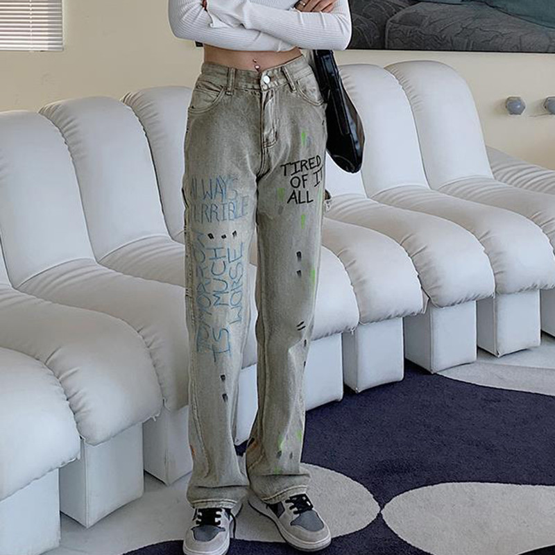 Gooti tähed Tikandid Teksad Tänavarõivad Lipsuvärv Naiste lahtised laiad püksid Harajuku mood Naiste sirged teksapüksid