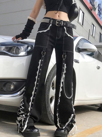 AltGoth Emo Alternative Jeans Γυναικεία Dark Gothic Streetwear Harajuku Y2k Punk Lace Patchwork Ψηλόμεση Κορδέλα Τζιν παντελόνι