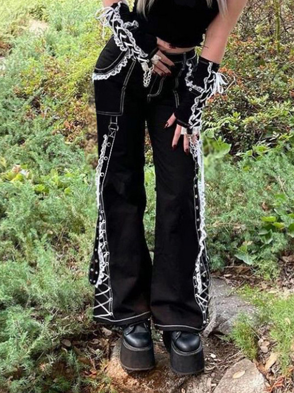 AltGoth Emo Alternativne traperice Ženske tamno gotičke ulične odjeće Harajuku Y2k Punk čipkane patchwork traper hlače visokog struka s lancem
