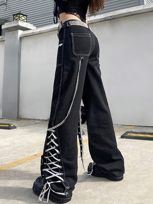 AltGoth Emo Alternativne traperice Ženske tamno gotičke ulične odjeće Harajuku Y2k Punk čipkane patchwork traper hlače visokog struka s lancem