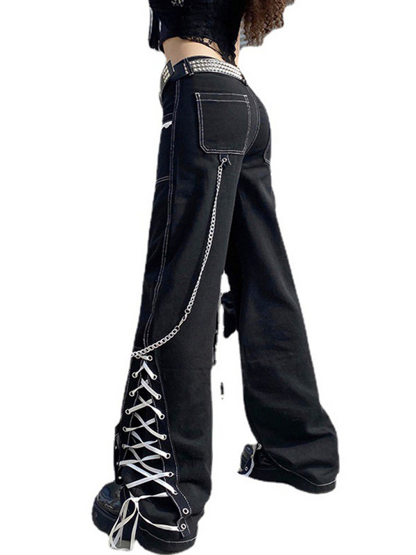 AltGoth Emo Alternativne traperice Ženske tamno gotičke ulične odjeće Harajuku Y2k Punk čipkane patchwork traper hlače visokog struka s lancem