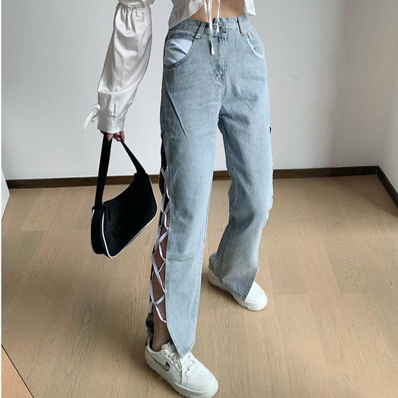 Ψηλόμεση Γυναικεία τζιν Κορεάτικη μόδα Casual All Match Light Blue Taping Streetwear Γυναικείο φαρδύ τζιν παντελόνι