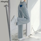 Τζιν Γυναικεία Vintage Ψηλόμεση Preppy Κορεάτικο στυλ Παντελόνι Ολόσωμο Παντελόνι Ολόσωμο Φαρδύ μαλακό streetwear Απλές ρετρό Ulzzang Ins