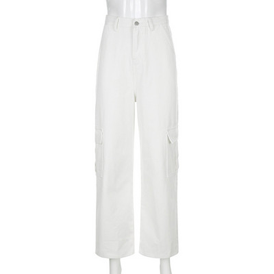 Sügisene naiste teksad Mood Taskud Lapikujulised Kõrge vöökohaga Tänavarõivad Põhjuslik Puhas Puuvillane Sirge Naiste Cargo Denimpüksid