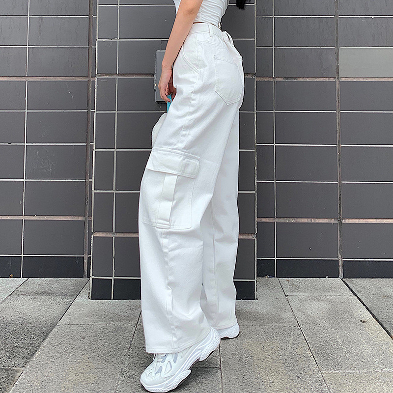 Sügisene naiste teksad Mood Taskud Lapikujulised Kõrge vöökohaga Tänavarõivad Põhjuslik Puhas Puuvillane Sirge Naiste Cargo Denimpüksid