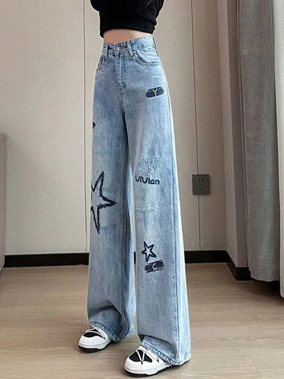 Zoki Chic Broderie Femei Blugi largi Coreeană cu talie înaltă Pantaloni drepți din denim, stil preppy Pantaloni casual de design feminin