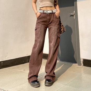 Harajuku Τσέπες Patchwork Cargo Jeans Y2K Σκούρο Μπλε Ψηλόμεση Streetwear 90S φαρδύ τζιν Γυναικείο παντελόνι ίσιο πόδι Pantalon