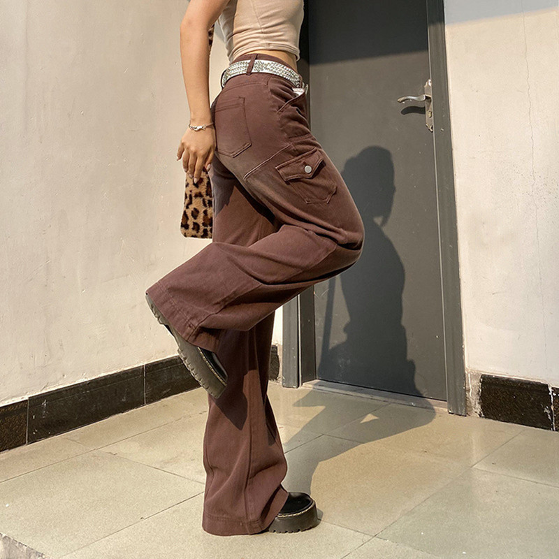 Harajuku taskud Patchwork Cargo teksad Y2K tumesinine kõrge vöökohaga tänavarõivad 90S kottis teksad Naiste püksid sirge säärega Pantalon