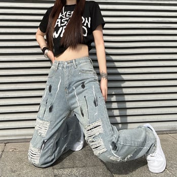 Streetwear Vintage Jeans Ψηλόμεση Μπλε Y2k Fashion Ripped Splash Ink Παντελόνι για Γυναικείο Καλοκαιρινό Μακρύ Παντελόνι Τζιν Κορέας