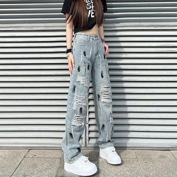 Streetwear Vintage Jeans Ψηλόμεση Μπλε Y2k Fashion Ripped Splash Ink Παντελόνι για Γυναικείο Καλοκαιρινό Μακρύ Παντελόνι Τζιν Κορέας