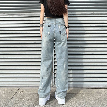 Streetwear Vintage Jeans Ψηλόμεση Μπλε Y2k Fashion Ripped Splash Ink Παντελόνι για Γυναικείο Καλοκαιρινό Μακρύ Παντελόνι Τζιν Κορέας