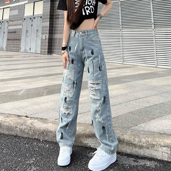 Streetwear Vintage Jeans Ψηλόμεση Μπλε Y2k Fashion Ripped Splash Ink Παντελόνι για Γυναικείο Καλοκαιρινό Μακρύ Παντελόνι Τζιν Κορέας