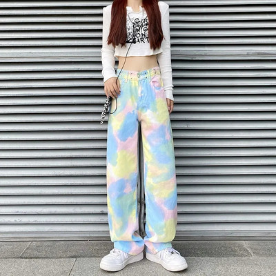 Ιριδίζον φαρδύ τζιν Κορέας για Γυναικείες Ανοιξιάτικες μετακινήσεις Γυναικείο παντελόνι Rainbow Ψηλόμεση Φαρδύ παντελόνι μόδας Y2k