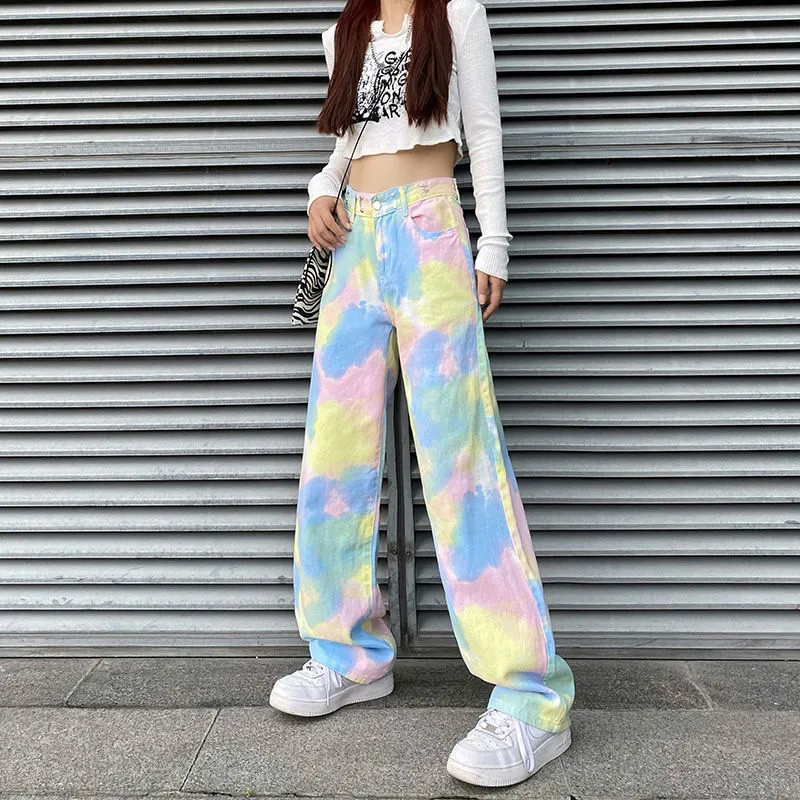 Ιριδίζον φαρδύ τζιν Κορέας για Γυναικείες Ανοιξιάτικες μετακινήσεις Γυναικείο παντελόνι Rainbow Ψηλόμεση Φαρδύ παντελόνι μόδας Y2k