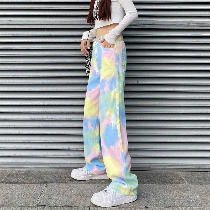 Ιριδίζον φαρδύ τζιν Κορέας για Γυναικείες Ανοιξιάτικες μετακινήσεις Γυναικείο παντελόνι Rainbow Ψηλόμεση Φαρδύ παντελόνι μόδας Y2k