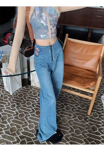 Ženske vintage traperice s izvezenim leptirima, široke ravne traper hlače s visokim strukom, modne ulične seksi traper hlače