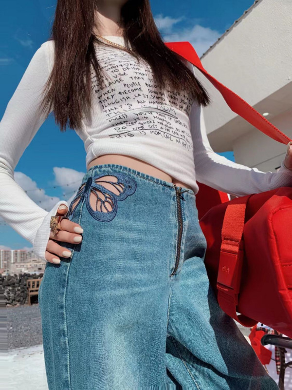 Ženske vintage traperice s izvezenim leptirima, široke ravne traper hlače s visokim strukom, modne ulične seksi traper hlače