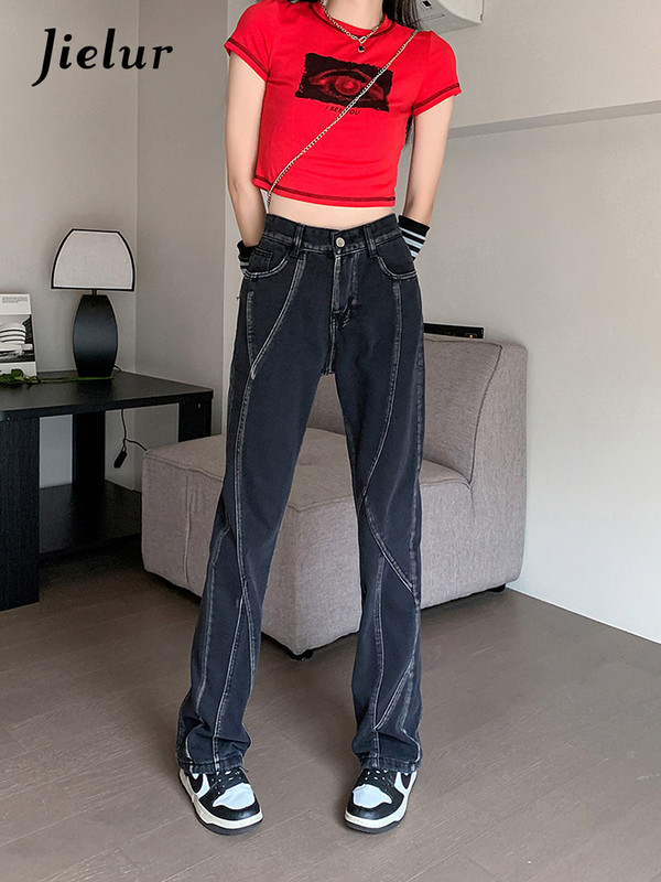 Jielur Ρετρό ψηλόμεσο τζιν Lady High Street Fashion ίσιο τζιν παντελόνι με φαρδύ πόδι Τζιν Γυναικείο Harajuku Casual τζιν παντελόνι