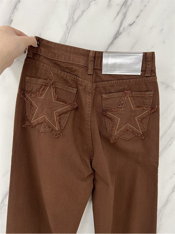 Ženske široke traperice sa zvjezdanim džepom, vintage ravne hlače visokog struka, vrećasta ulična odjeća, ležerne, smeđe traper hlače, ženske 2022.