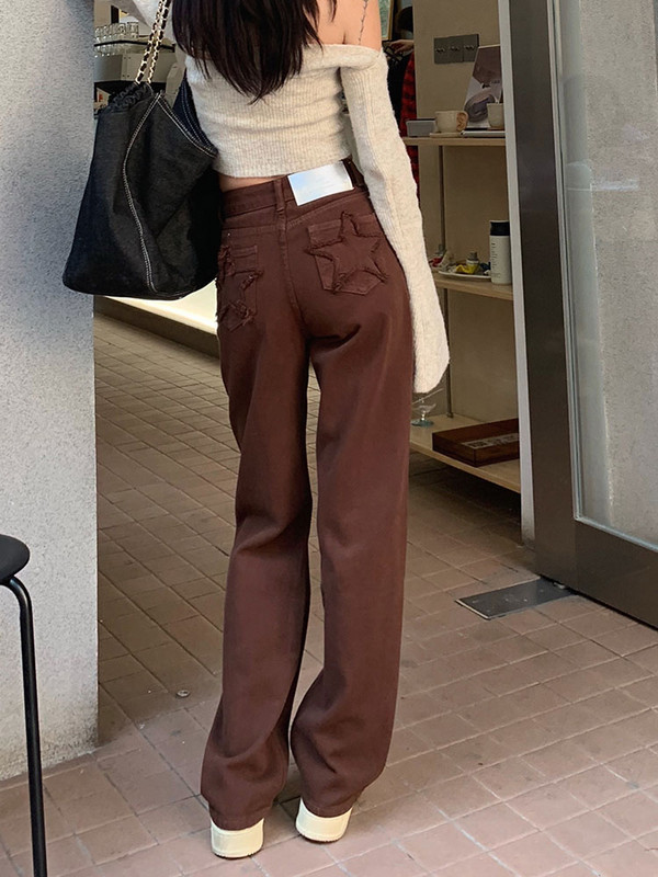 Ženske široke traperice sa zvjezdanim džepom, vintage ravne hlače visokog struka, vrećasta ulična odjeća, ležerne, smeđe traper hlače, ženske 2022.