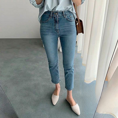 Bež ravne traperice Ženske proljeće 2023. Elastični visoki struk Uski traper hlače do gležnja Ulična odjeća Y2k Traperice Ženske ljeto 2022.