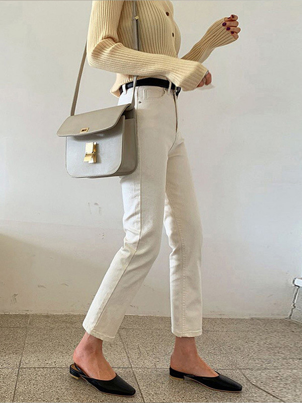 Bež ravne traperice Ženske proljeće 2023. Elastični visoki struk Uski traper hlače do gležnja Ulična odjeća Y2k Traperice Ženske ljeto 2022.