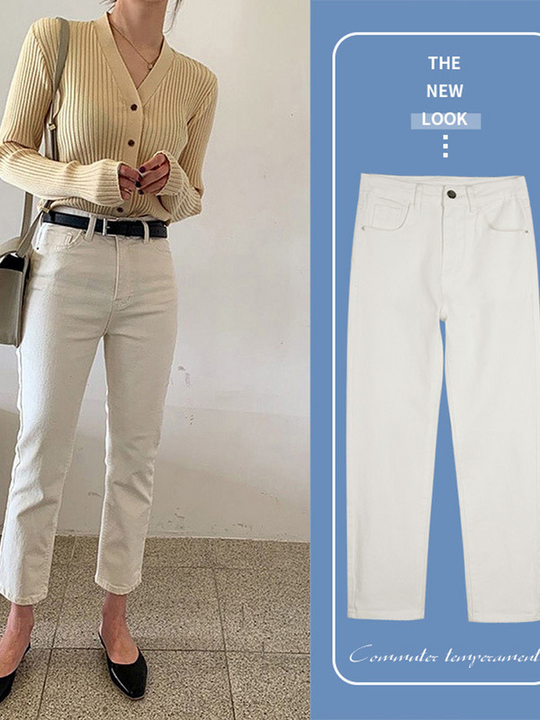 Bež ravne traperice Ženske proljeće 2023. Elastični visoki struk Uski traper hlače do gležnja Ulična odjeća Y2k Traperice Ženske ljeto 2022.