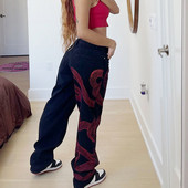 2022 Γυναικεία Μόδα Y2k Φαρδύ Black Wind Dragon Γυναικεία Ψηλόμεση Τζιν ίσιο πόδι γραφικά Streetwear Τζιν παντελόνι