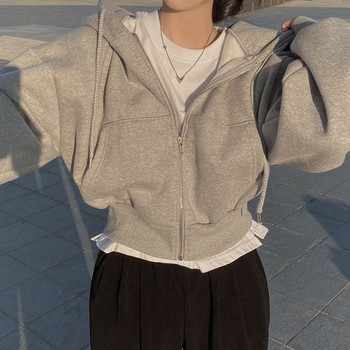 Φθινοπωρινές ρετρό μονόχρωμες κουκούλες με φερμουάρ Oversize Γυναικείες μπλούζες Casual Harajuku Κορεατικά Top Kpop Αισθητικό κοντό παλτό