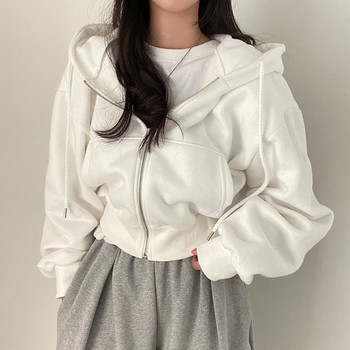 Φθινοπωρινές ρετρό μονόχρωμες κουκούλες με φερμουάρ Oversize Γυναικείες μπλούζες Casual Harajuku Κορεατικά Top Kpop Αισθητικό κοντό παλτό