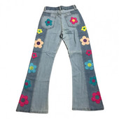 Φαρδύ τζιν για γυναικείο κέντημα με κουμπιά λουλούδι ψηλόμεσο συνονθύλευμα τζιν παντελόνι flare παντελόνι με πολλές τσέπες