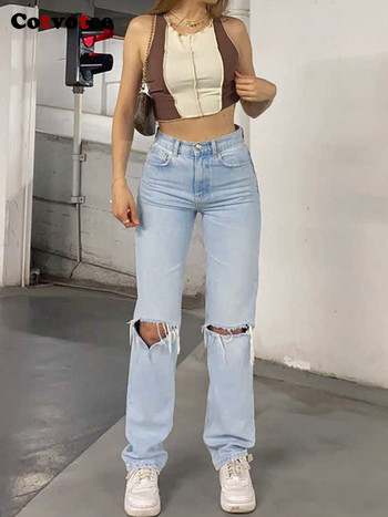 Cotvotee Ripped Jeans για Γυναικεία 2022 Fashion Hole Ψηλόμεσο τζιν Vintage streetwear Loose Y2k Παντελόνι Ολόσωμο Γυναικείο Τζιν